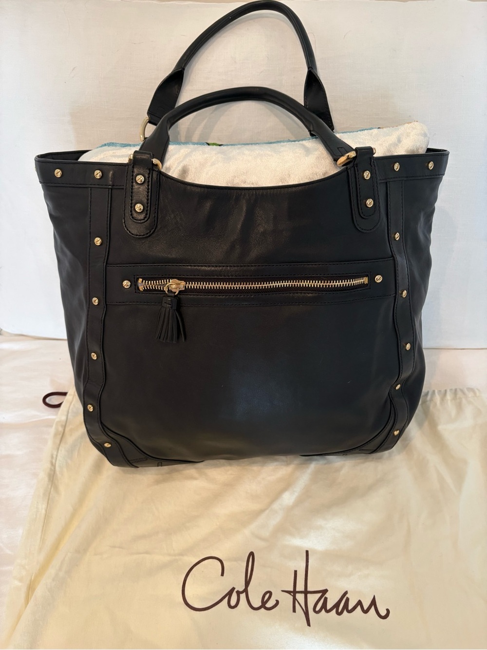Cole Haan Black Leather Tote with Gold Studs and Zip Pocket
